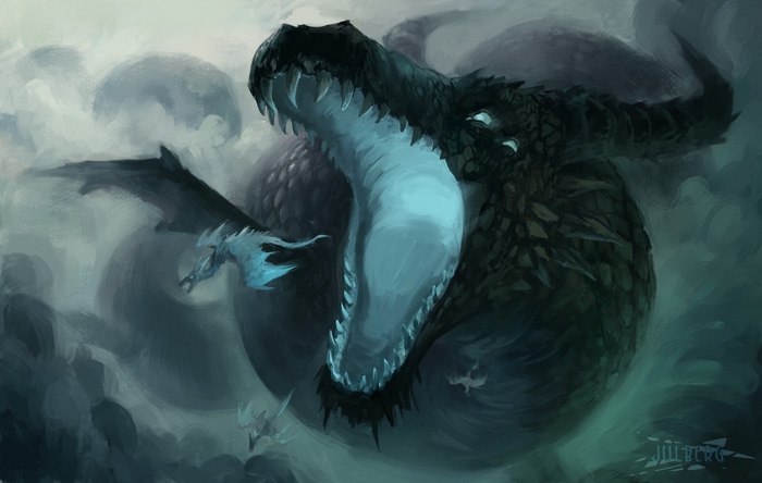 A massive dragon roars in a cloudy sky