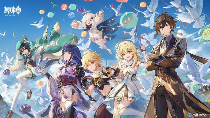Genshin Impact characters with doves and balloons