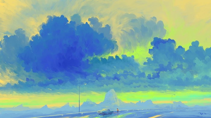 Digital painting of a car and person on a road