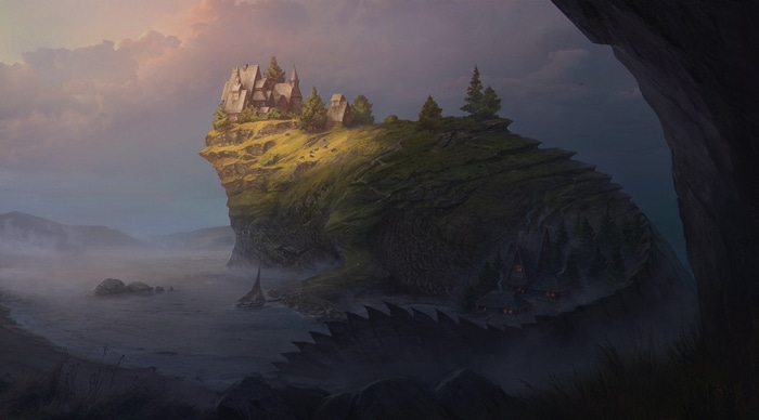 Fantasy village on a cliff overlooking a misty sea