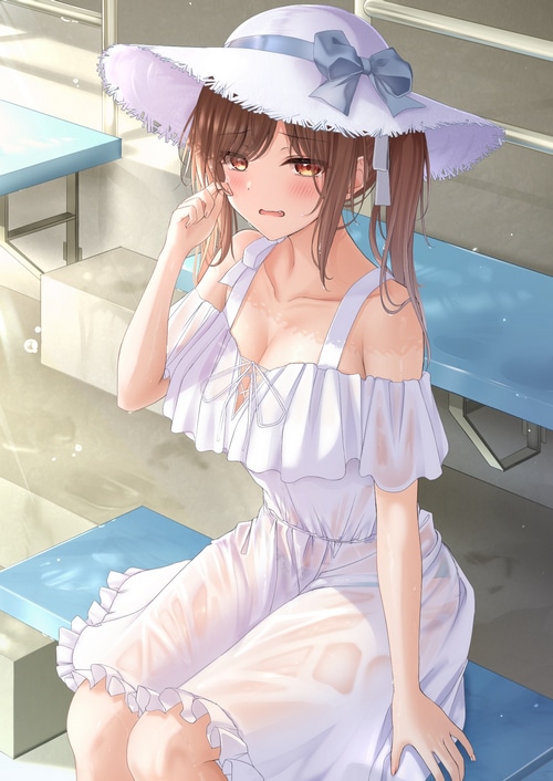 Brunette girl in wet sun dress and hat