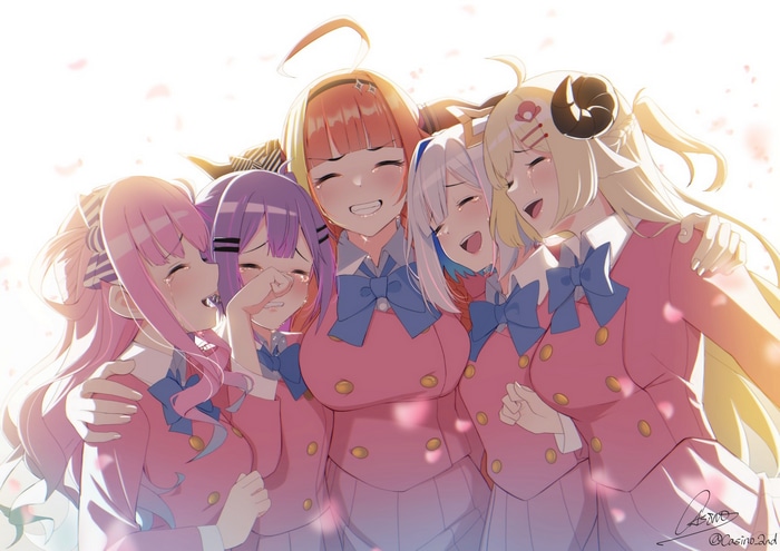 Hololive's Kiryu Coco, Tokoyami Towa, Amane Kanata, Himemori Luna, and Tsunomaki Watame crying together