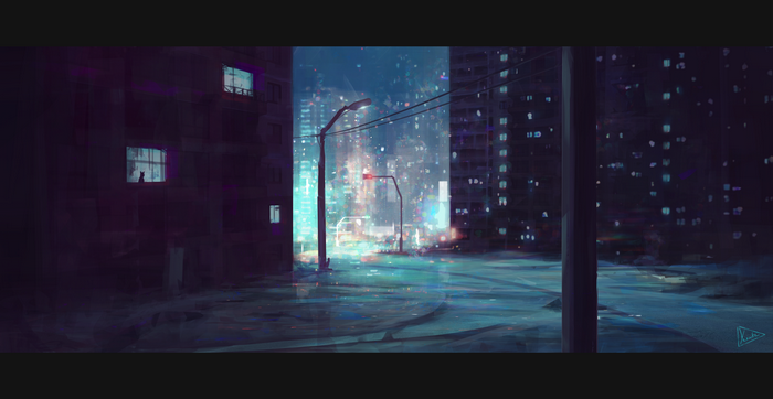 Nighttime cityscape with a cat in a window