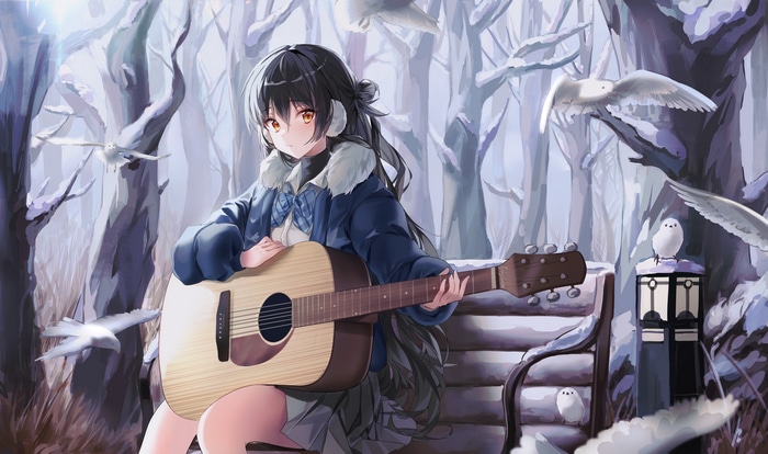 4K anime girl with dark hair playing guitar in snow with birds