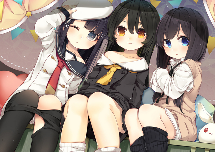 Three anime girls sitting together
