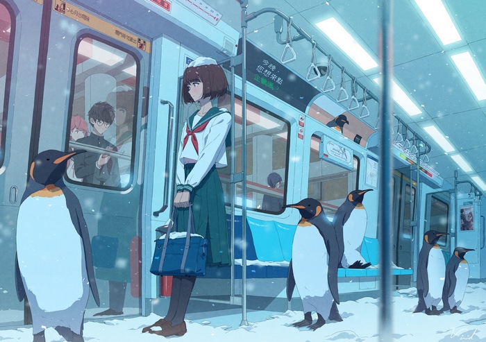 School uniform girl and penguins on a snowy train