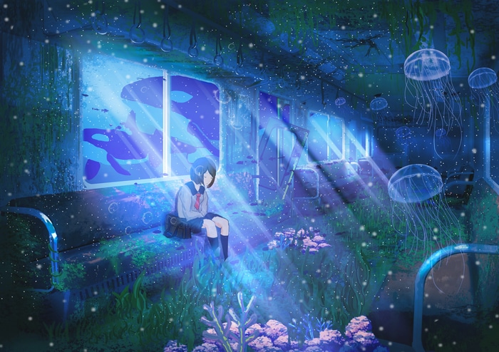 Girl in school uniform on an underwater train with orcas and jellyfish