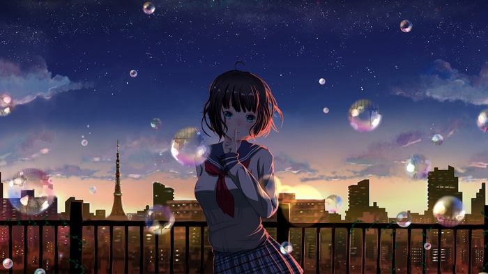 4K Anime Girl in School Uniform with Bubbles Over City