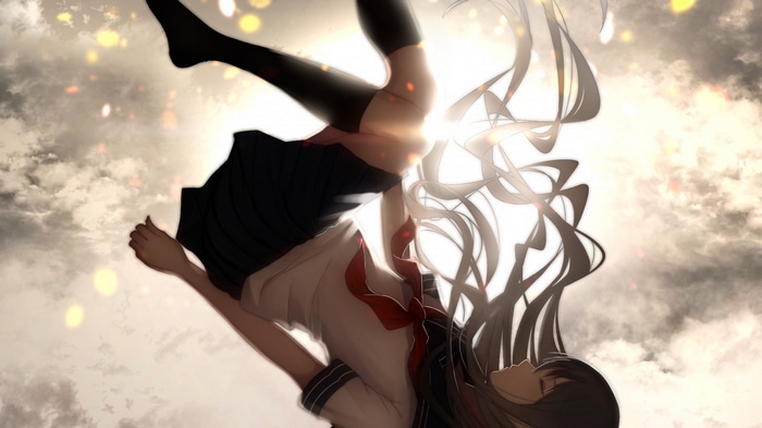 Girl in school uniform falling through clouds