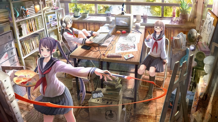 Three anime girls in school uniforms in an art studio