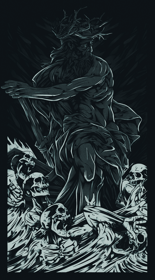 Kháron standing over skulls with a staff