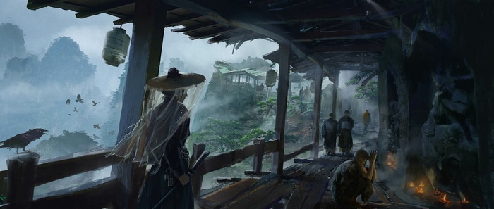 Asian woman with sword on a misty mountain bridge