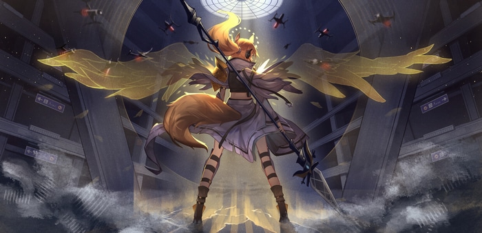 Arknights character with fox ears and wings
