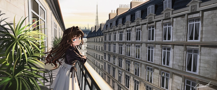 Girl on a balcony in Paris with Eiffel Tower