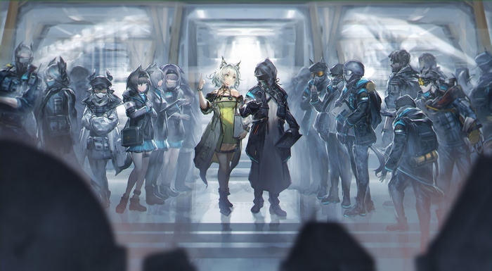 4K Arknights characters in a hallway