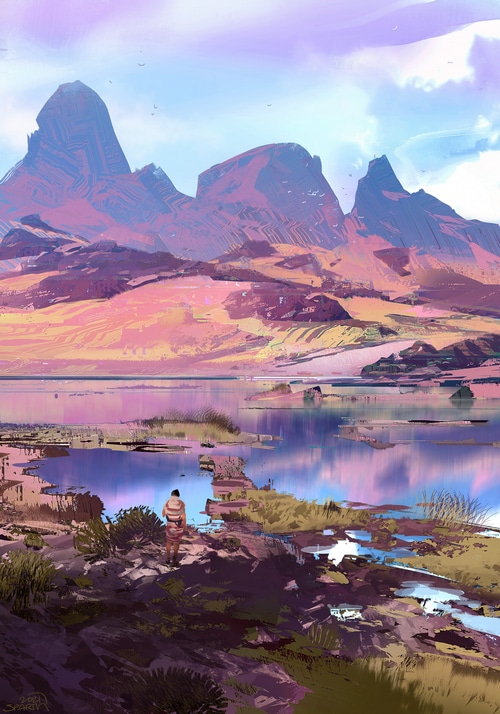 Digital art of mountains and a lake