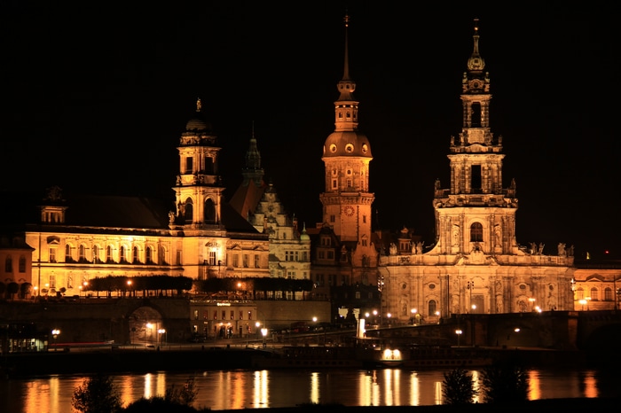 Dresden illuminated at night with river reflection