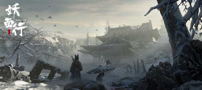 Demon Face: Winter Scene with Ruined Asian Architecture