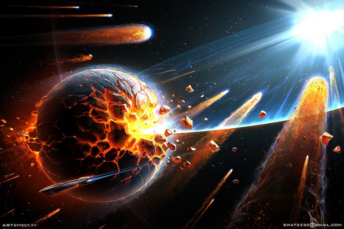 Planet exploding with meteorites and spaceship