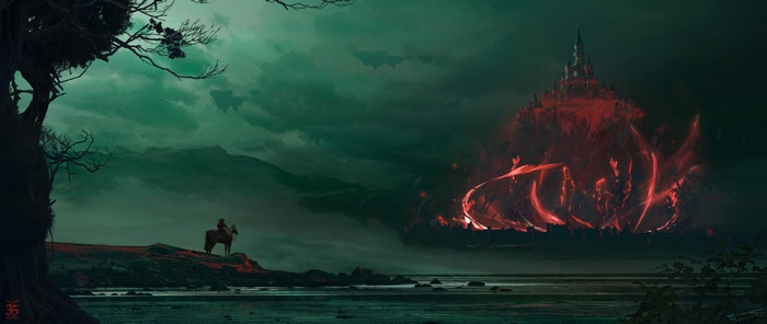 Fantasy castle engulfed in red energy with a lone rider