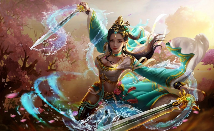 Fantasy girl with swords and water magic