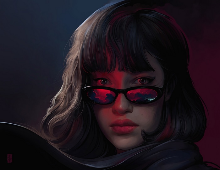 Digital painting of a woman with sunglasses reflecting lunar eclipses