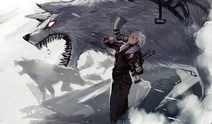 A person with white hair blows a horn in front of a giant wolf