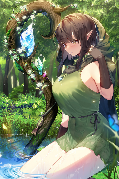 Elf girl with a magic staff in a forest