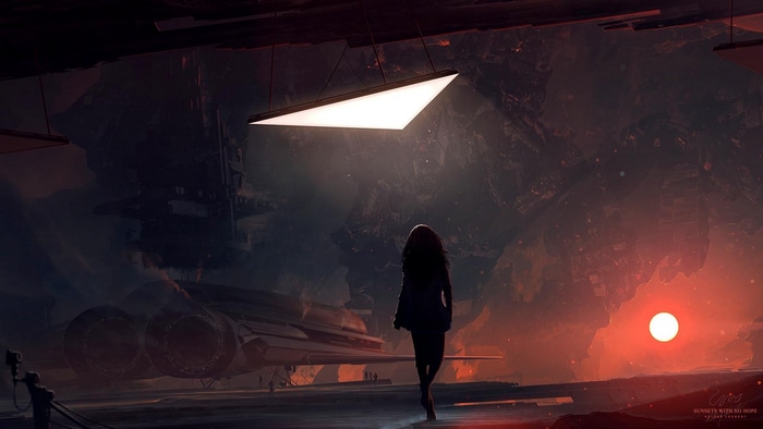 Science fiction scene with a woman and a spaceship