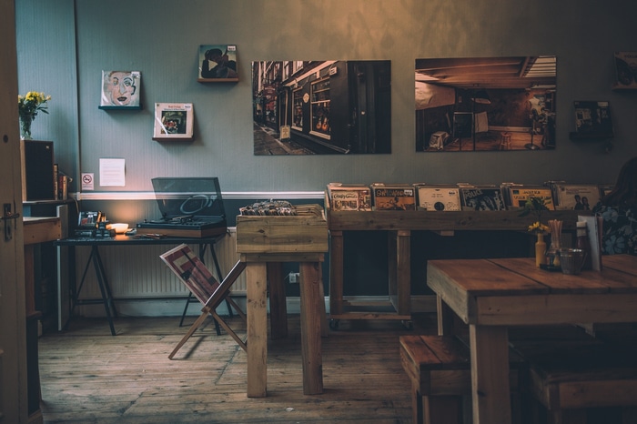 Record store interior with vinyl records and turntable