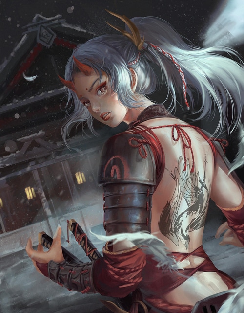 Windami with horns and a tattoo holding a katana