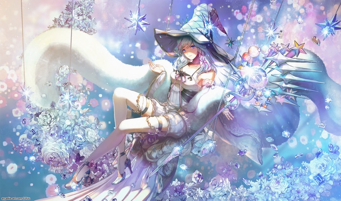 Anime witch with crystals and flowers