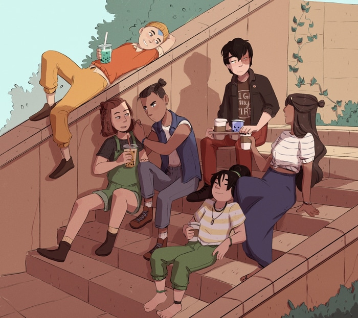 Avatar: The Last Airbender characters relaxing on stairs
