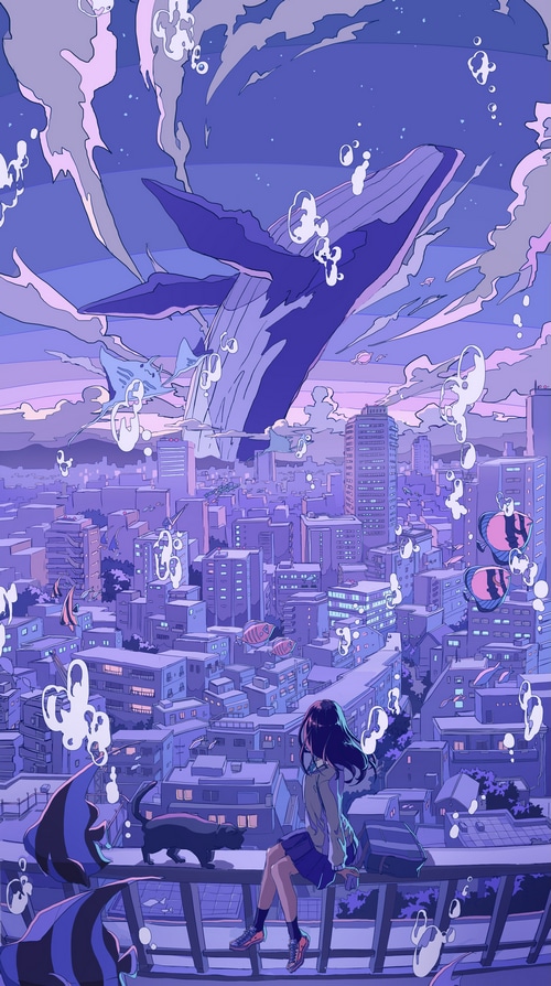 Anime cityscape with a whale and fish
