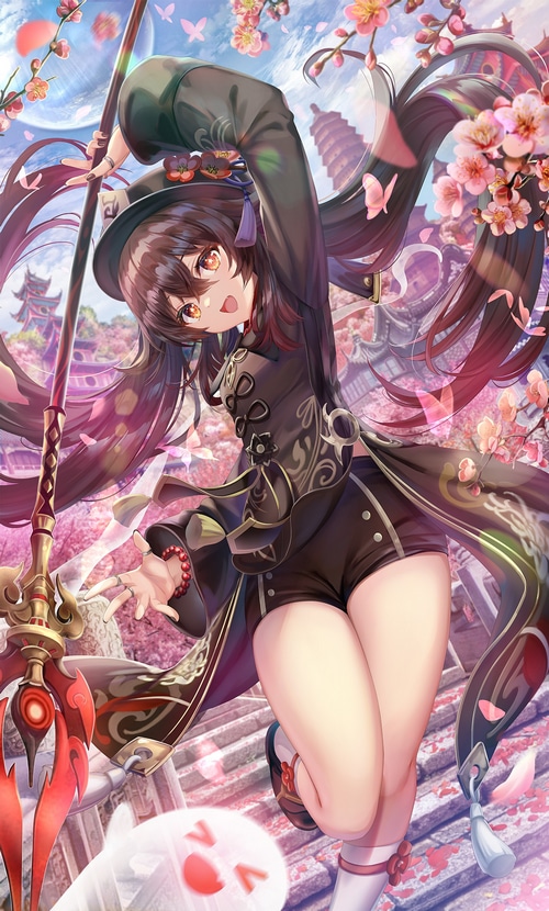 Hu Tao with a spear surrounded by cherry blossoms