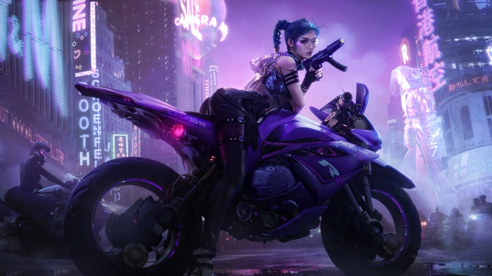 Cyberpunk girl with submachine gun on a purple motorcycle
