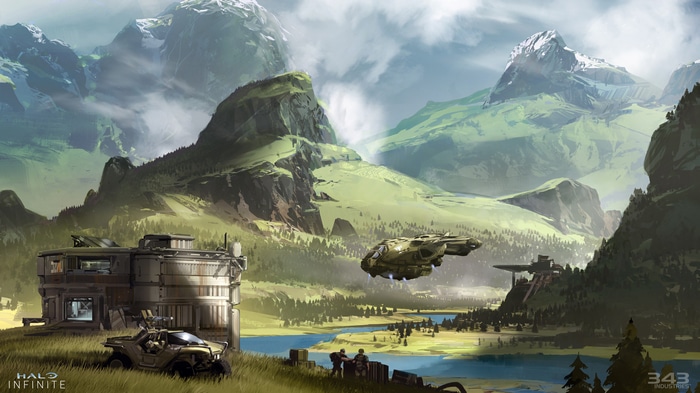 Halo Infinite concept art with mountains and military base