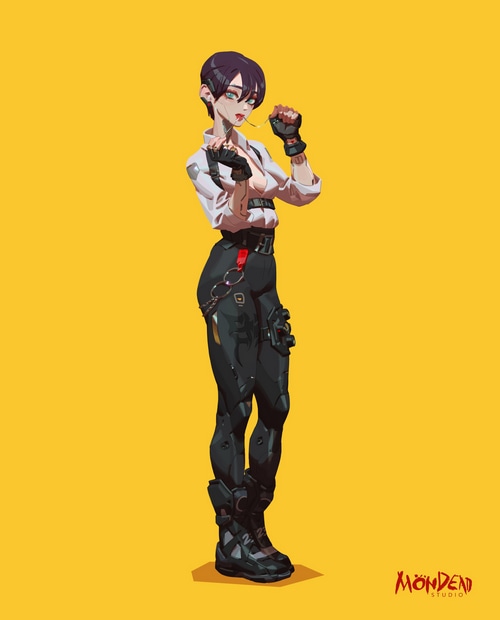 Futuristic woman with cybernetic legs and augmentations