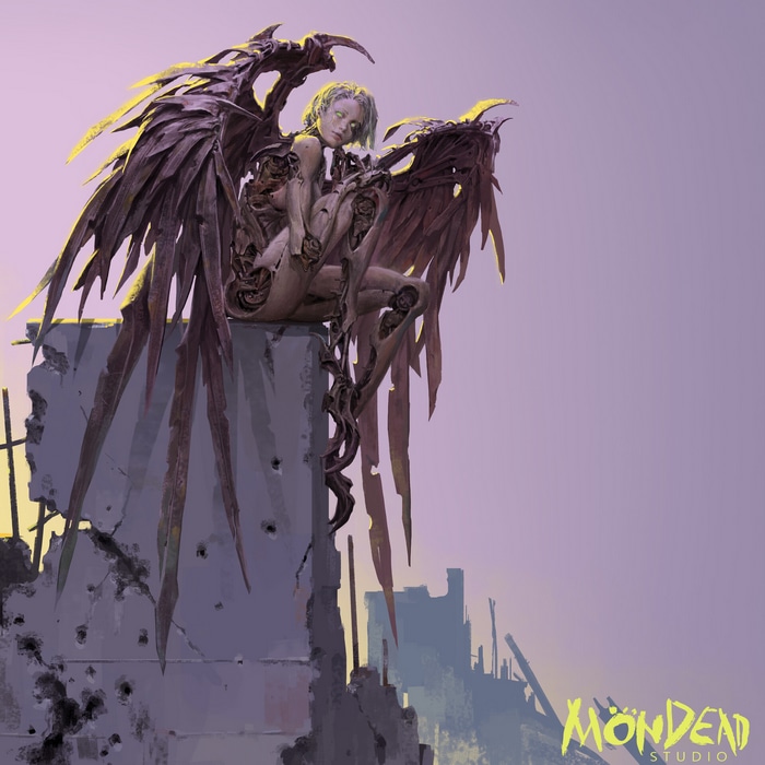 Cyborg angel with mechanical wings in ruins