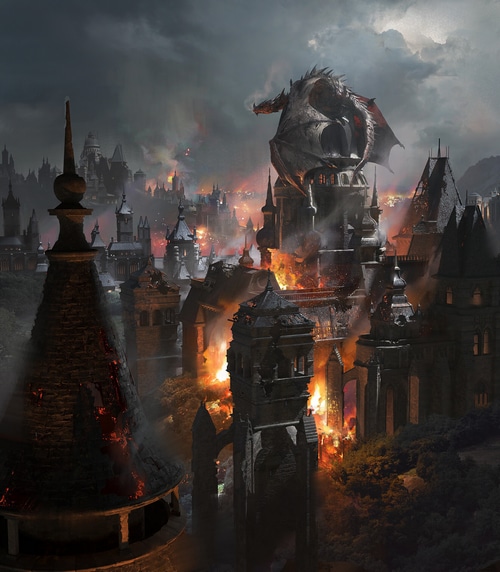 Dragon perched on a burning fantasy city