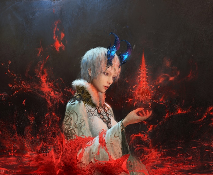 Fantasy art of a demon with blue horns