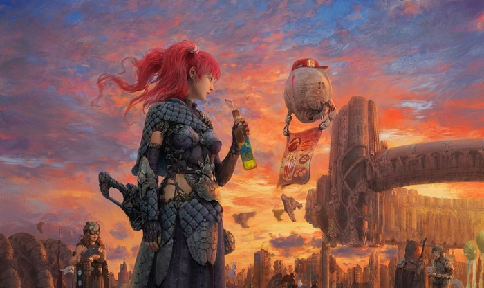 Fantasy art of a woman in armor with a drink