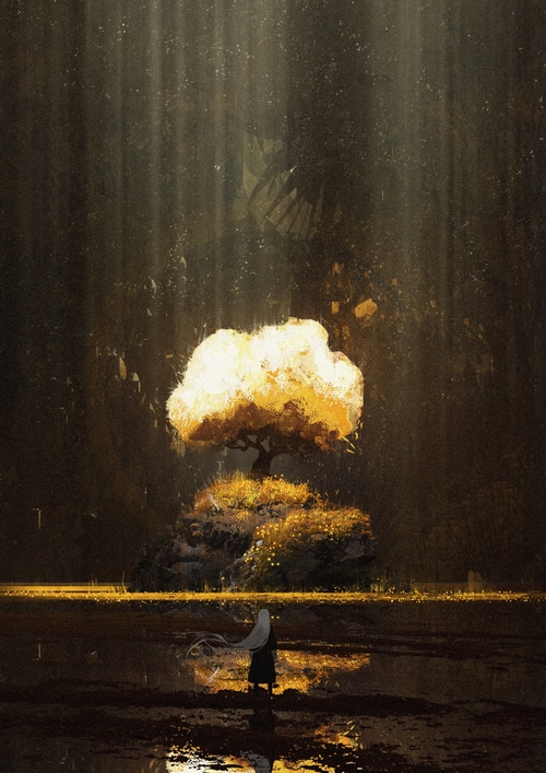 Fantasy art of a glowing tree and a figure