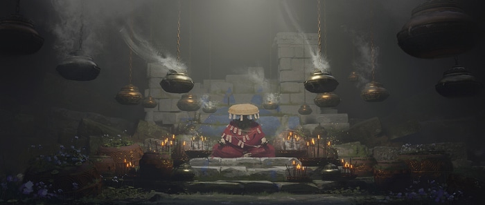Fantasy art of a meditating figure in a ritualistic setting