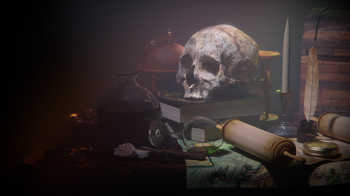 Still life with skull, wine, and scrolls