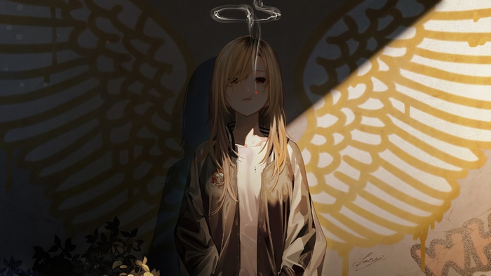 Anime girl with blonde hair smoking with a nimbus