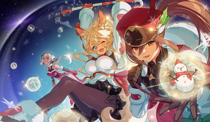 Three women in festive outfits in space