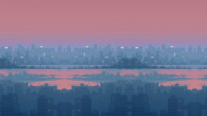 Pixelated cityscape at sunset with reflections