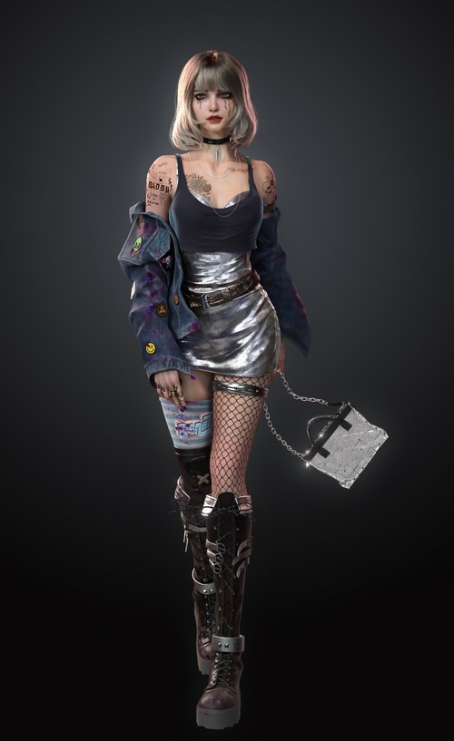 4K blonde woman with tattoos and silver clothing