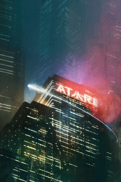 Cyberpunk city with Atari neon sign